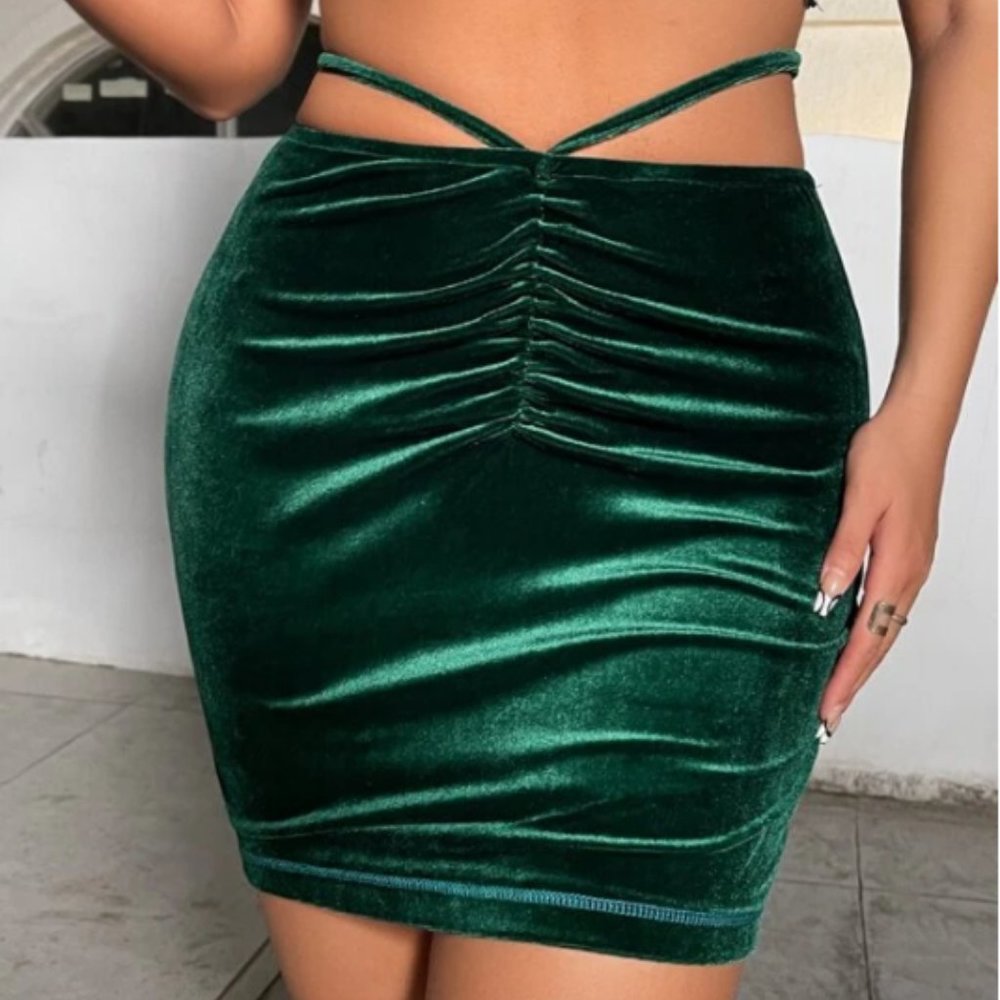 Velvet Bow Ruched Bodycon Skirt